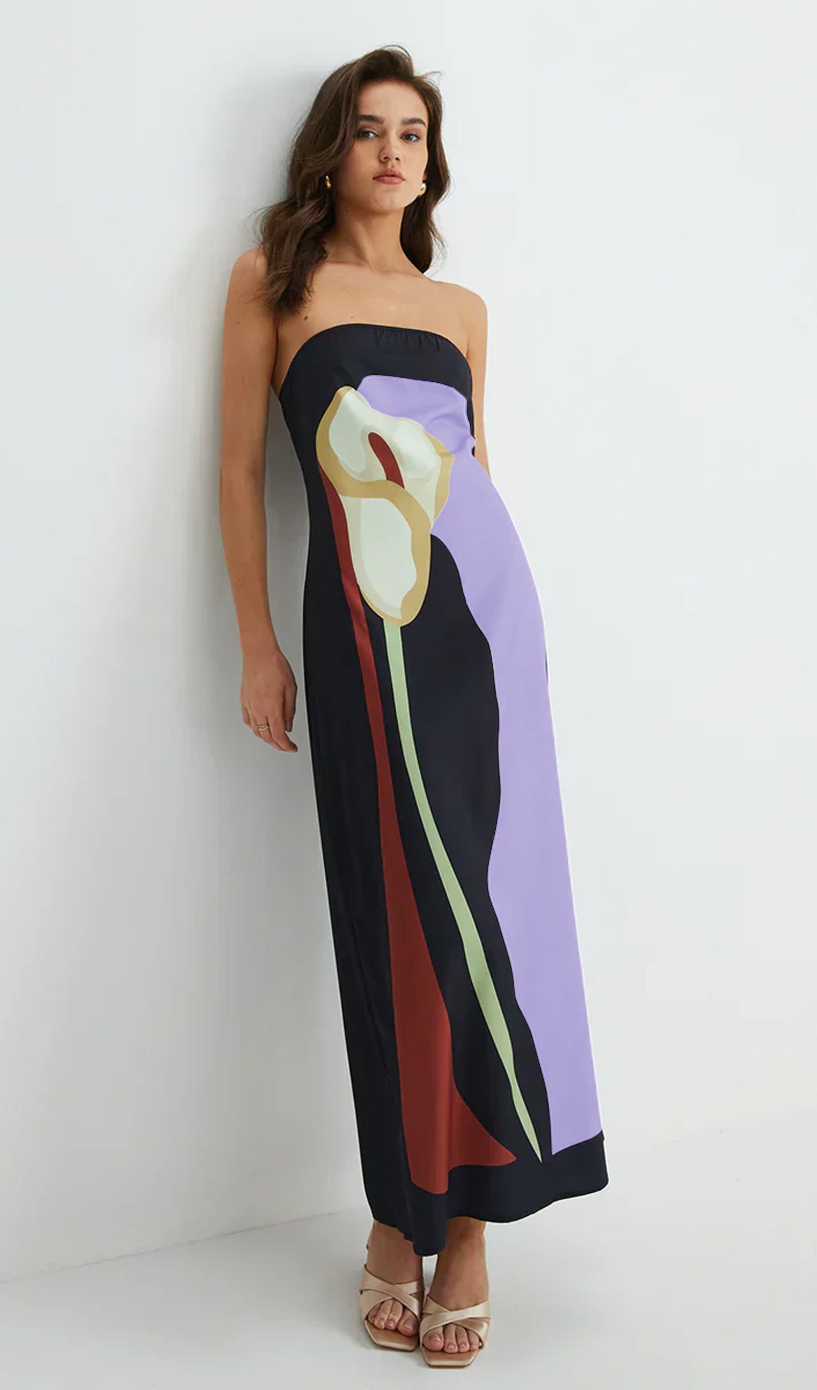 Mor Omuzdan Bağlamalı Baskılı Yazlık Midi Elbise