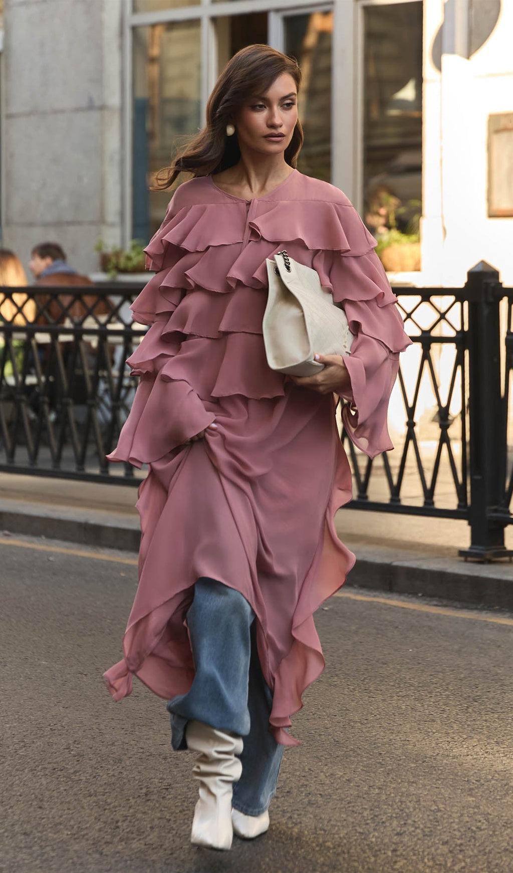 Pembe Volanlı Uzun Elbise