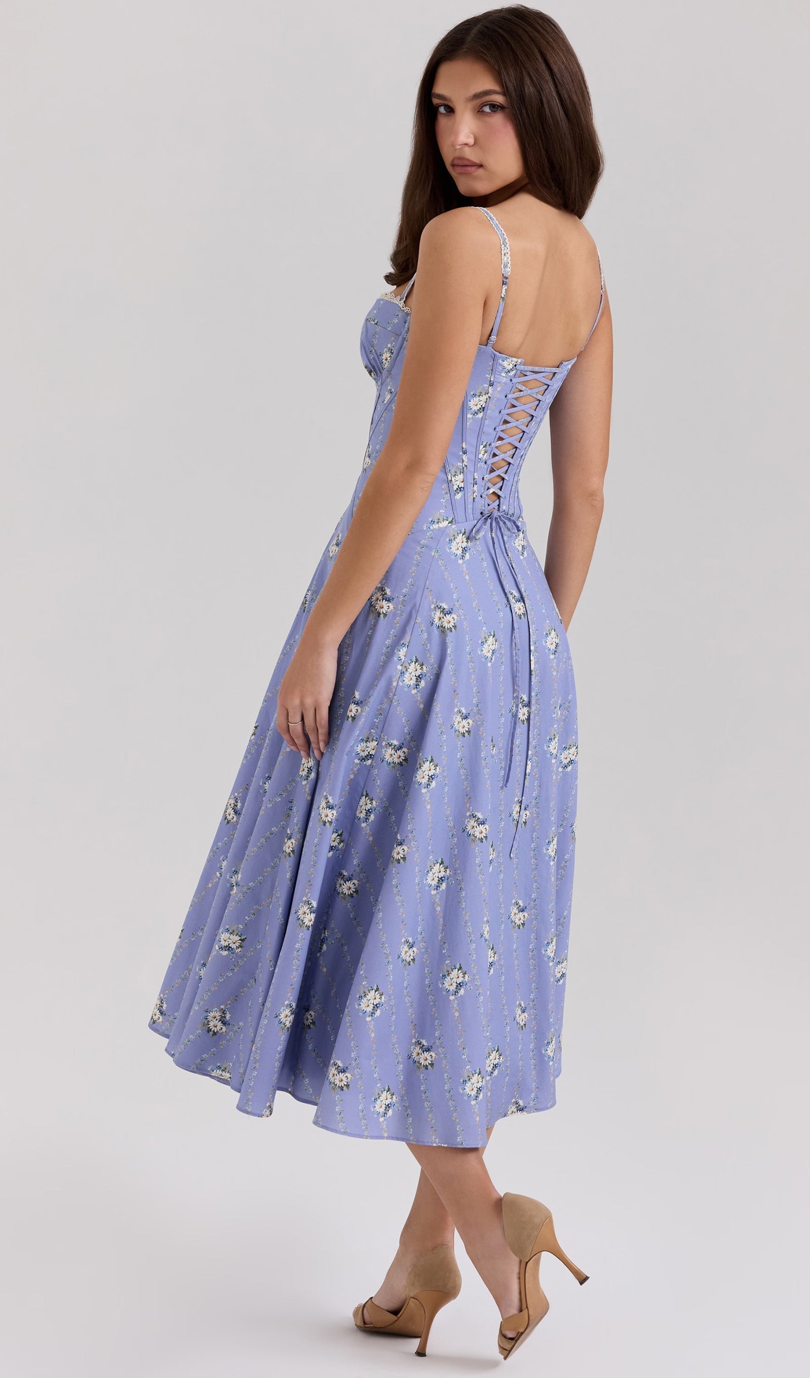 Mavi Çiçekli Streç Pamuklu Midi Elbise
