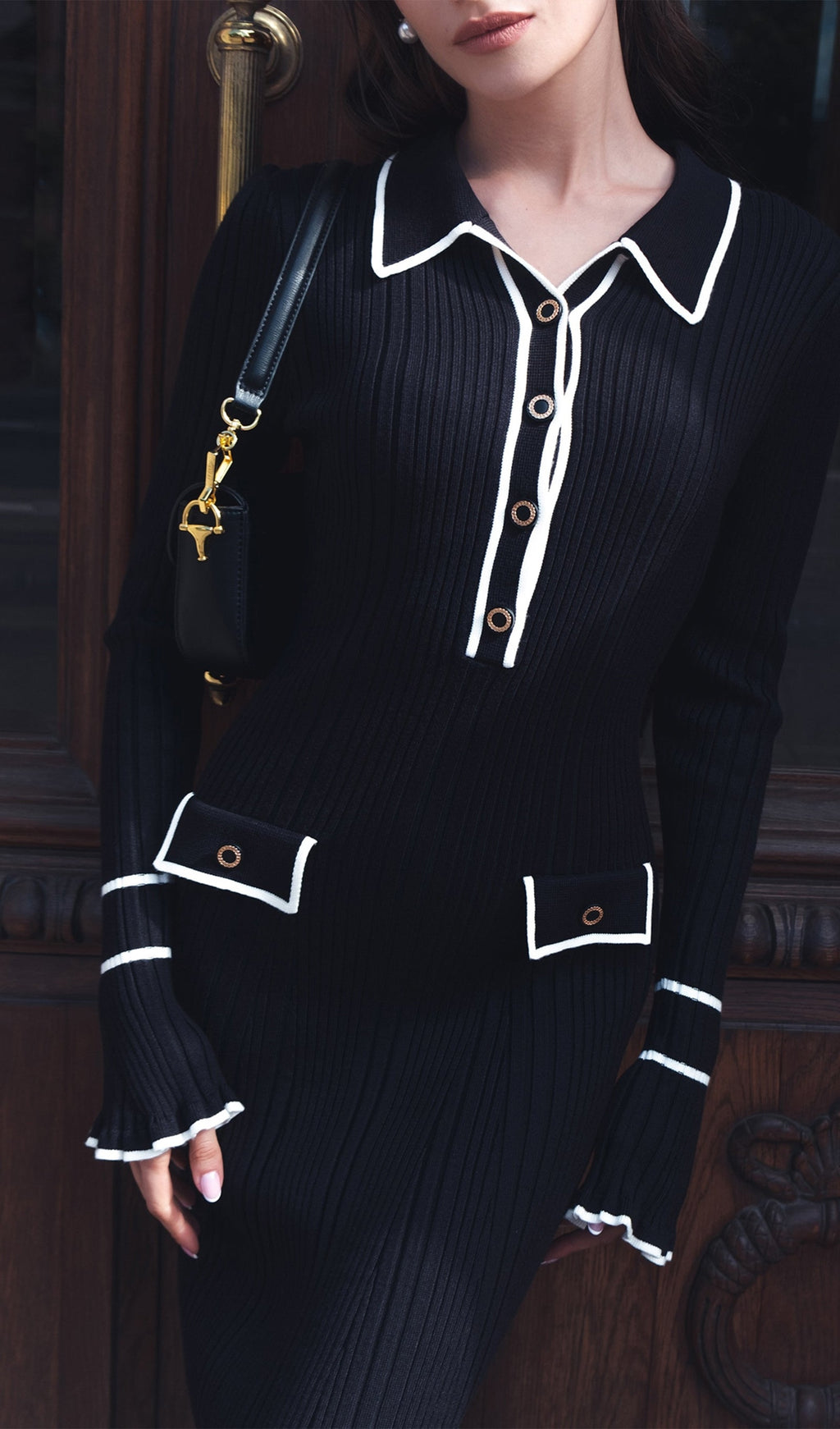 Dar Kesimli Kaburga Örgü Midi Elbise - Siyah