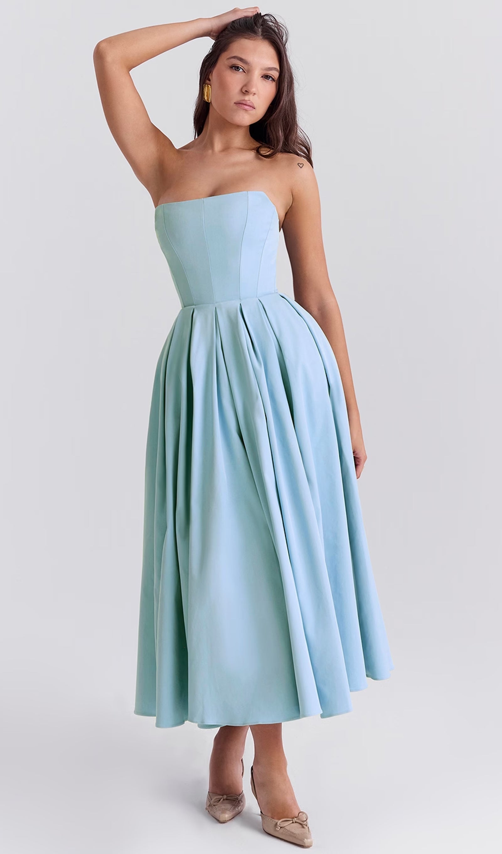 Açık Mavi Askısız Korseli Midi Elbise