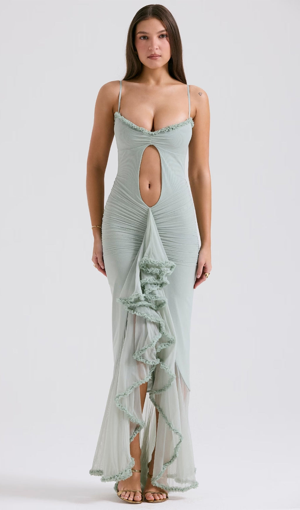 Önü Volanlı Uzun Elbise - Yeşil