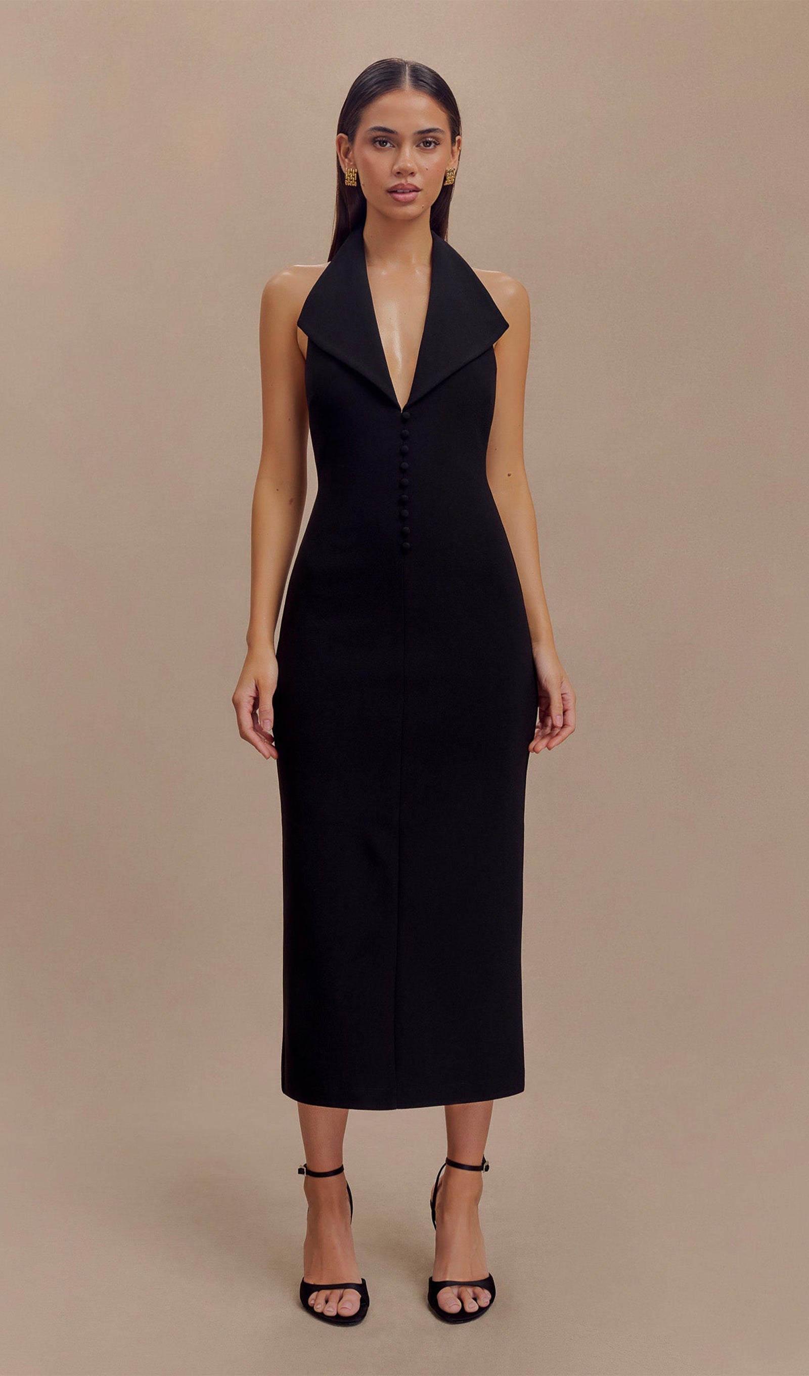 Siyah Krep Askılı Midi Elbise