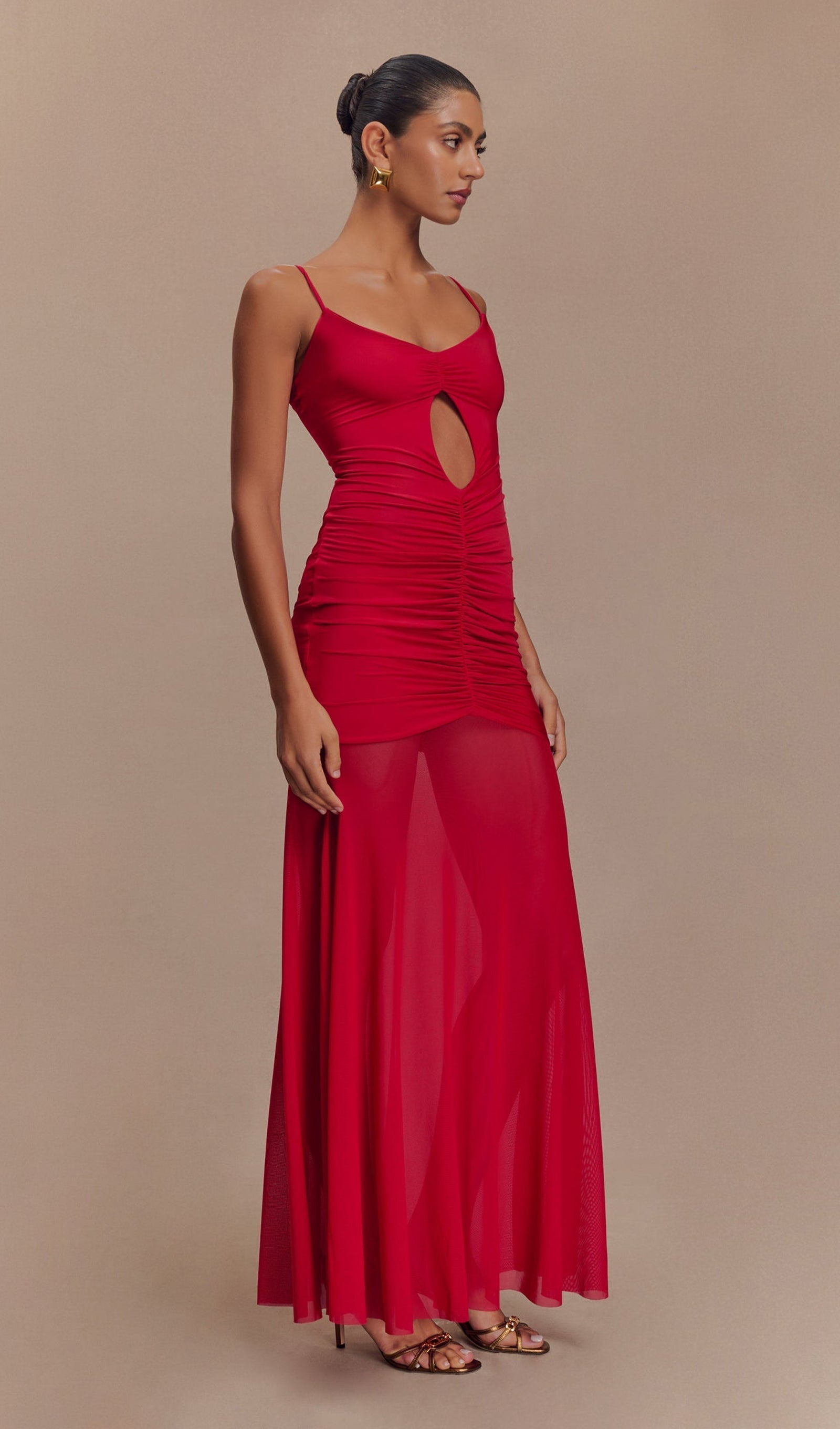 Kırmızı Slinky Ve File Maxi Elbise