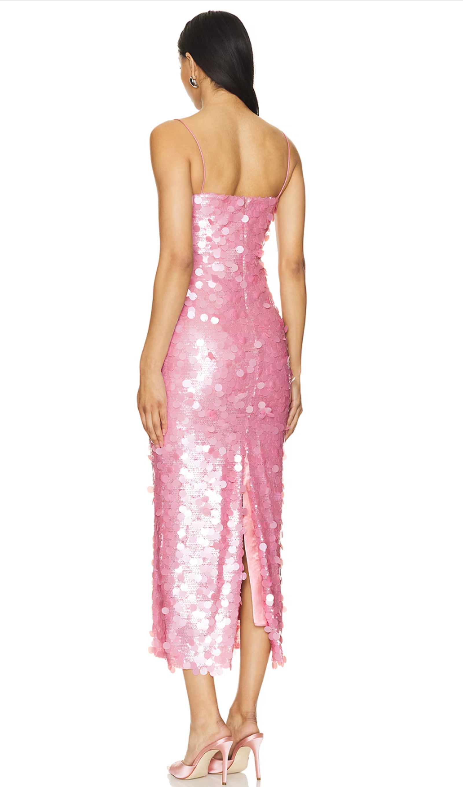 Dairesel Payetli Midi Elbise-Pembe