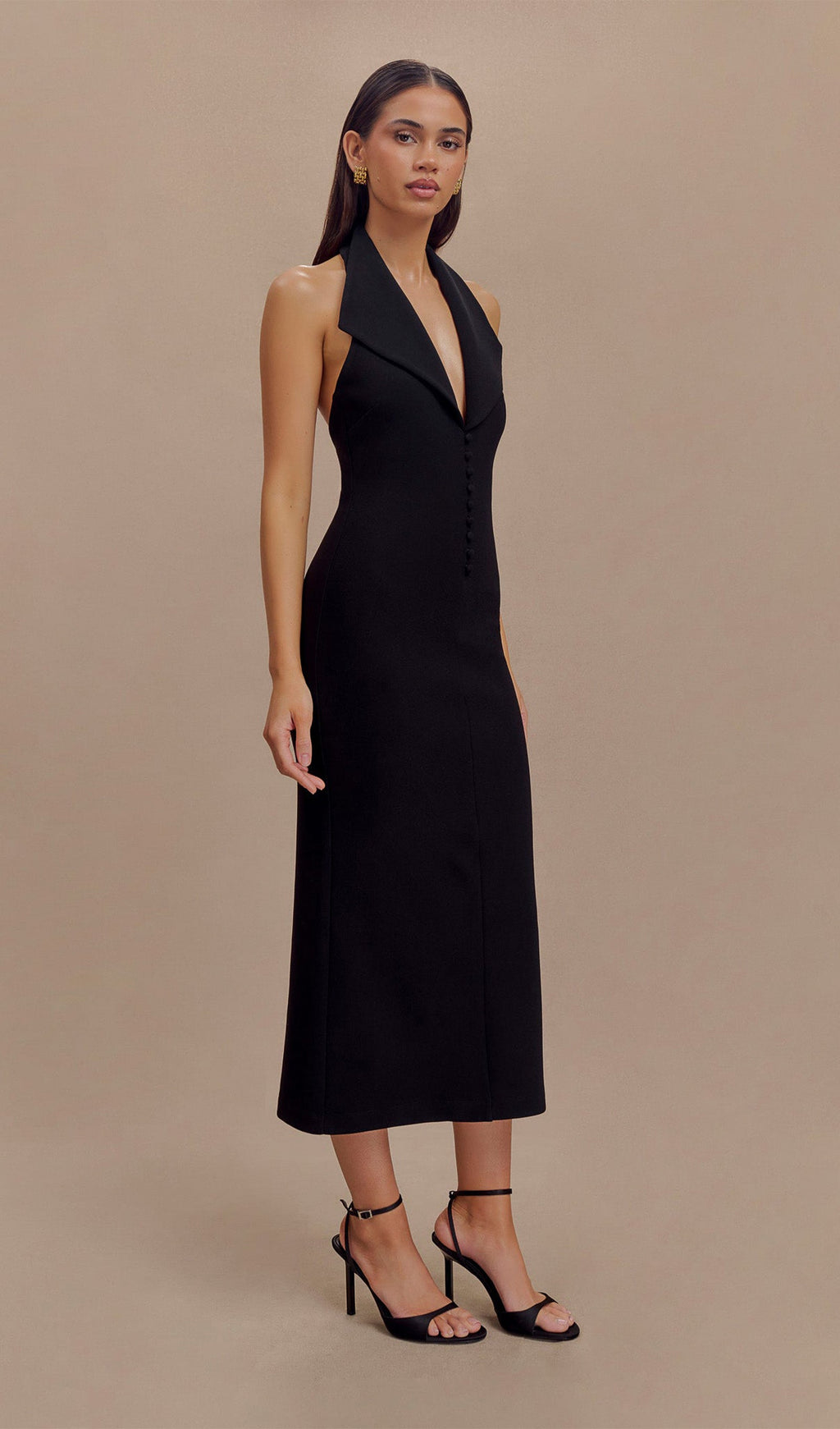 Siyah Krep Askılı Midi Elbise