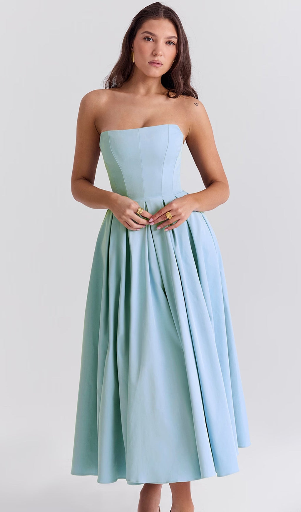 Açık Mavi Askısız Korseli Midi Elbise