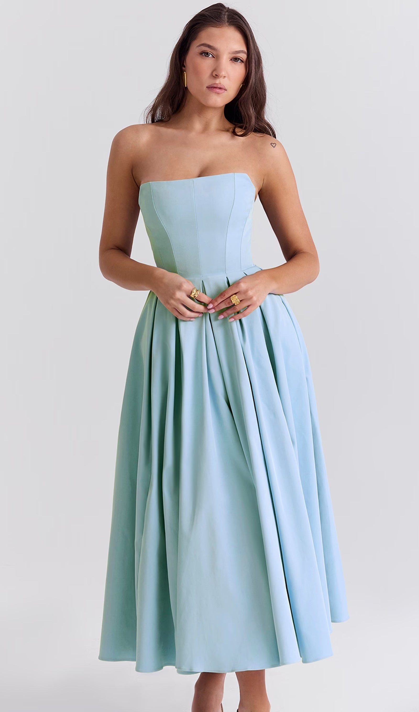 Açık Mavi Askısız Korseli Midi Elbise