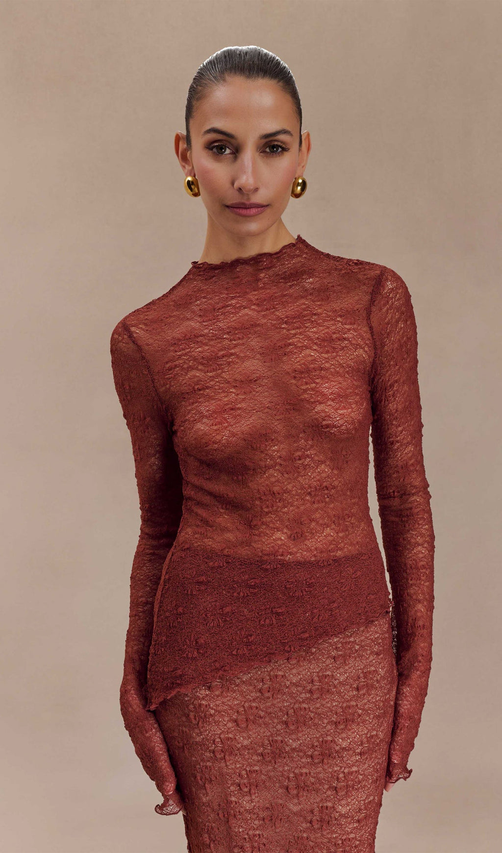 Kırmızı Şeffaf Dantel Üst Ve Uzun Etek Takımları