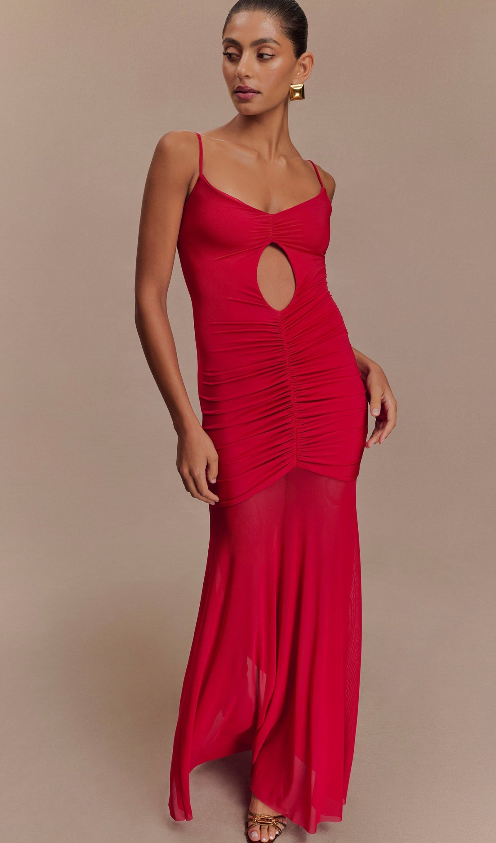 Kırmızı Slinky Ve File Maxi Elbise