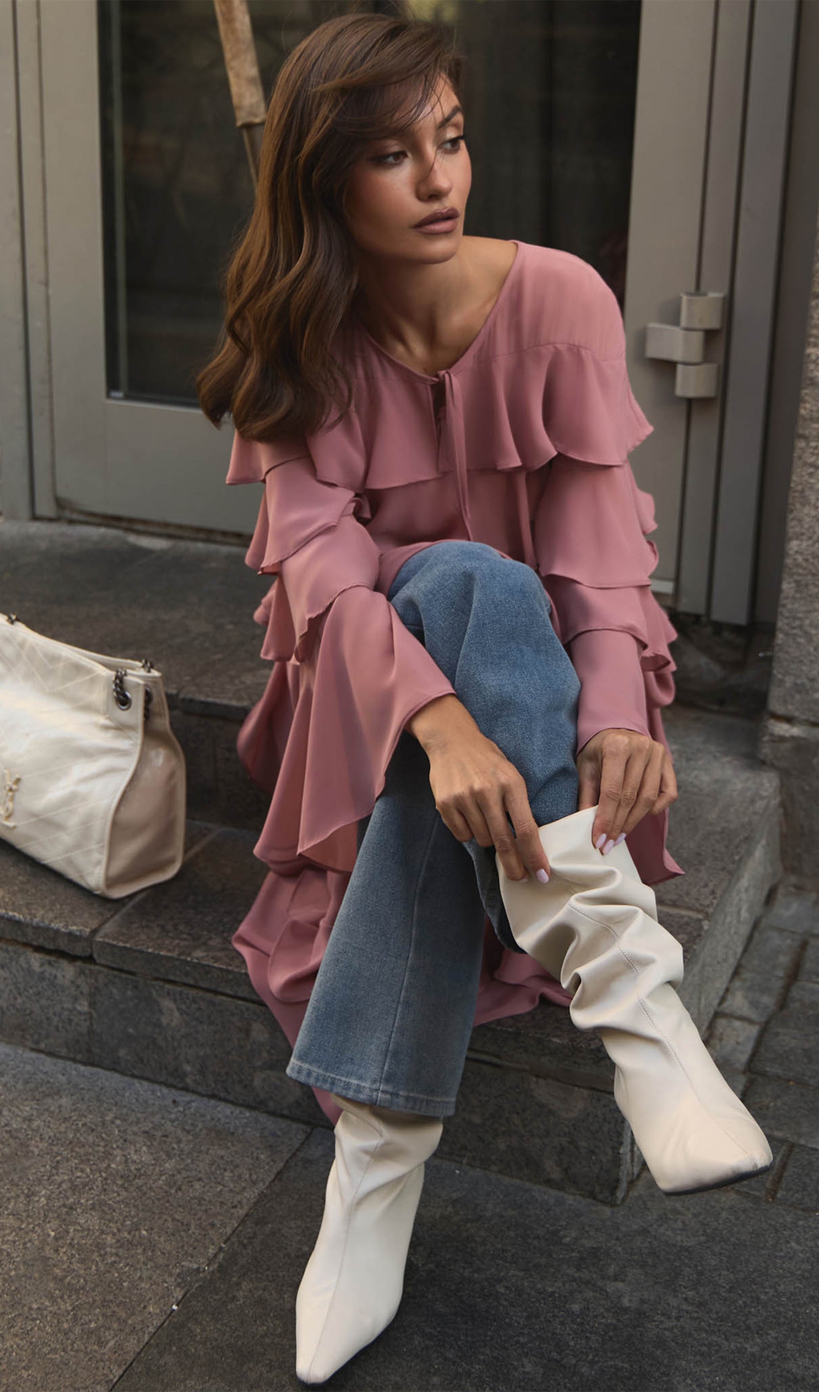 Pembe Volanlı Uzun Elbise