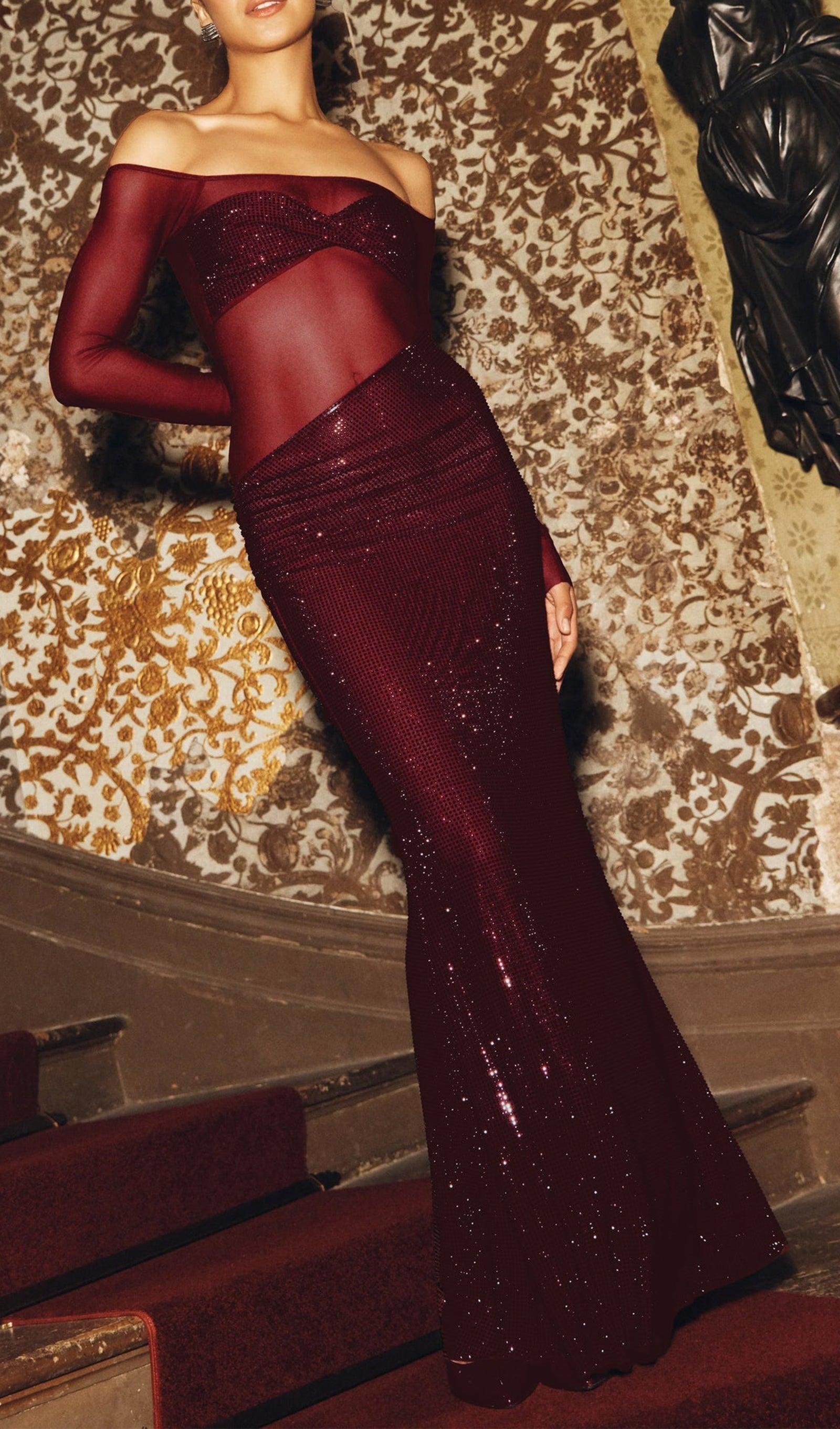 Pırlanta Omuz Açık Maksi Elbise