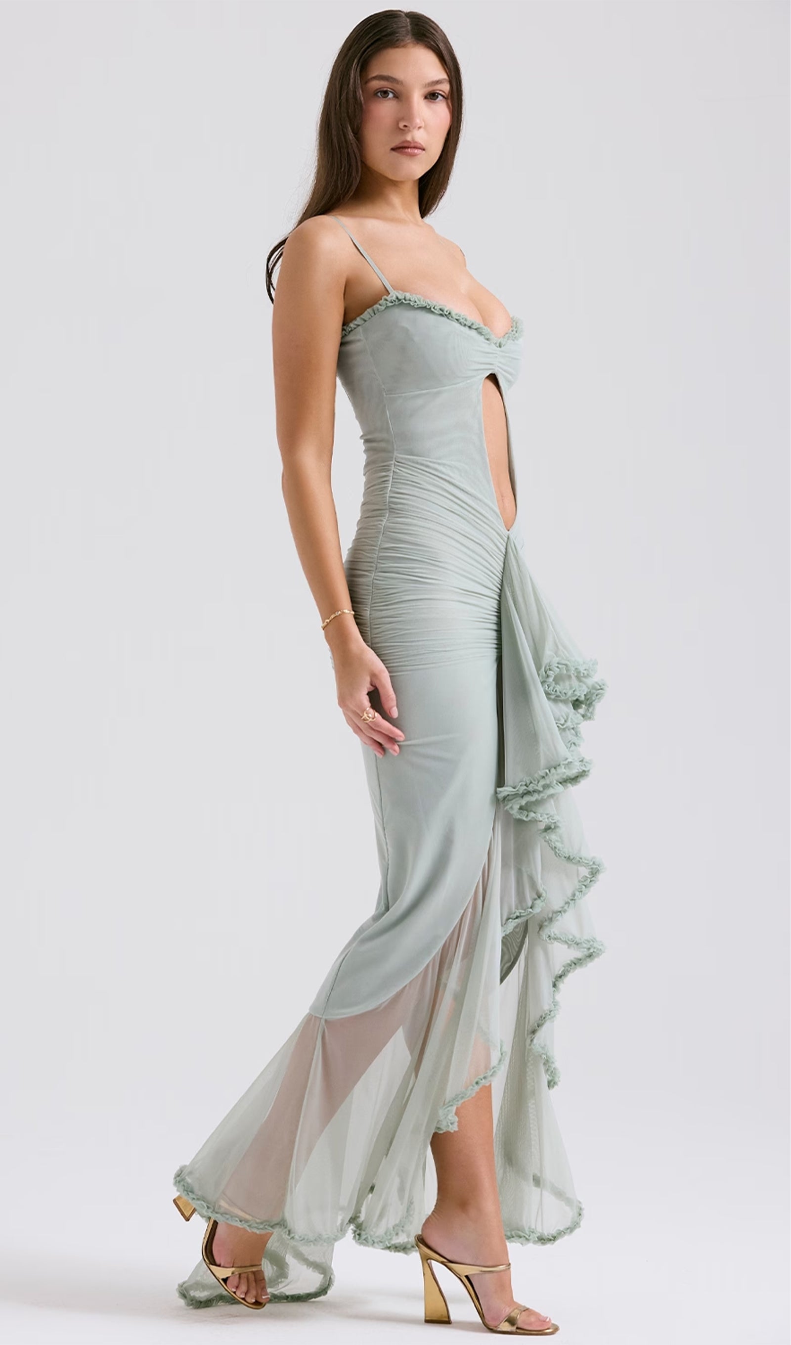 Önü Volanlı Uzun Elbise - Yeşil