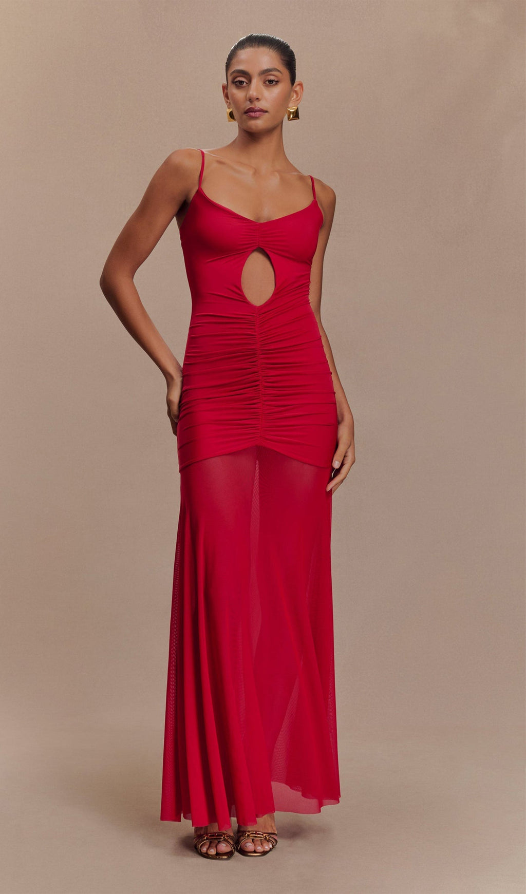 Kırmızı Slinky Ve File Maxi Elbise