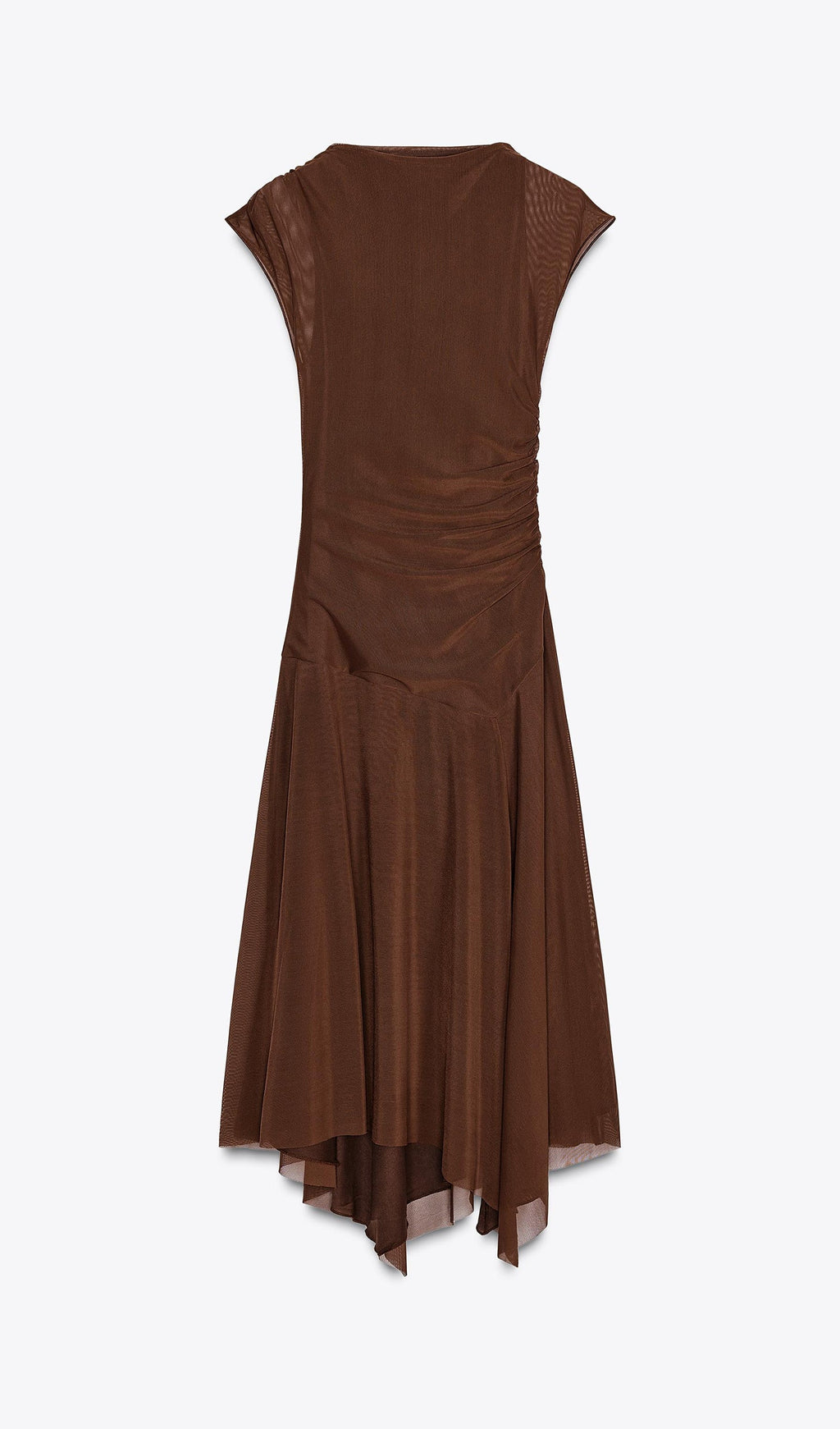 Kahverengi Büzgülü Tül Midi Elbise