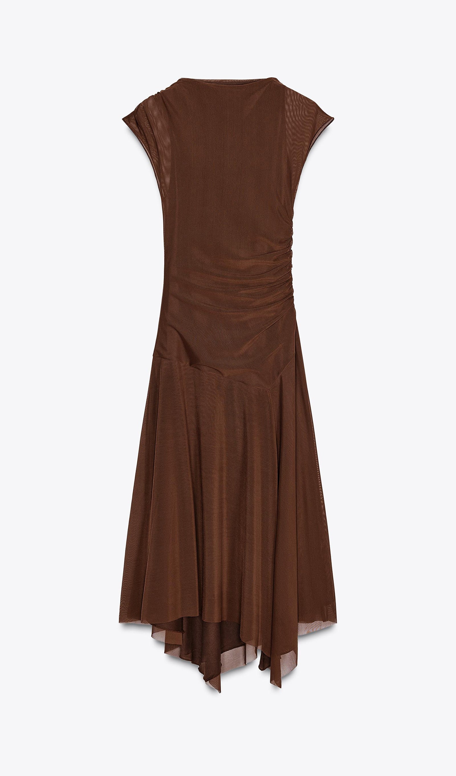 Kahverengi Büzgülü Tül Midi Elbise