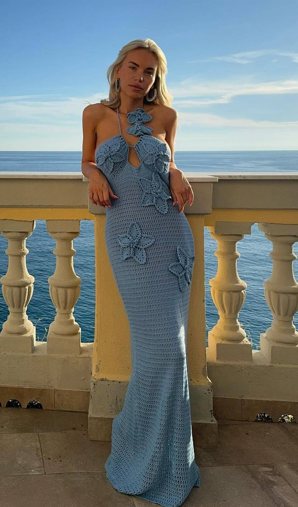 Çiçekli Tığ İşi Uzun Elbise Mavi