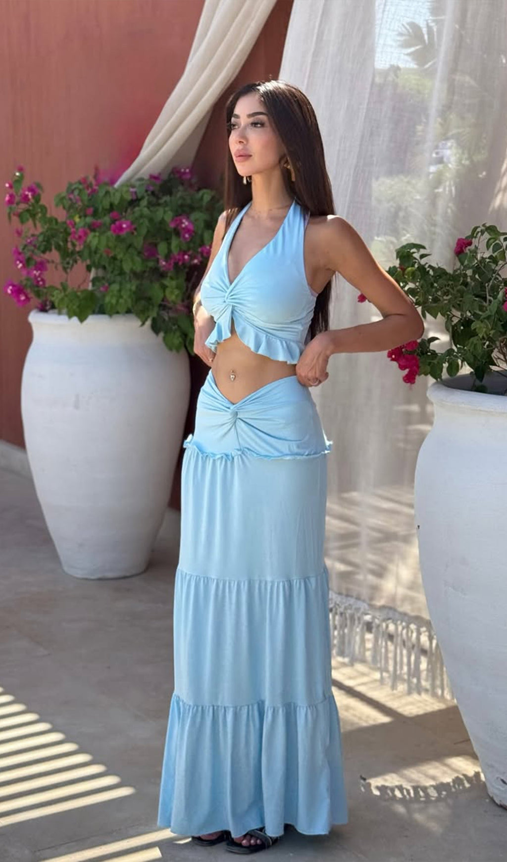 Mavi Askılı Üst Ve Bükümlü Fırfırlı Uzun Etek Takımları