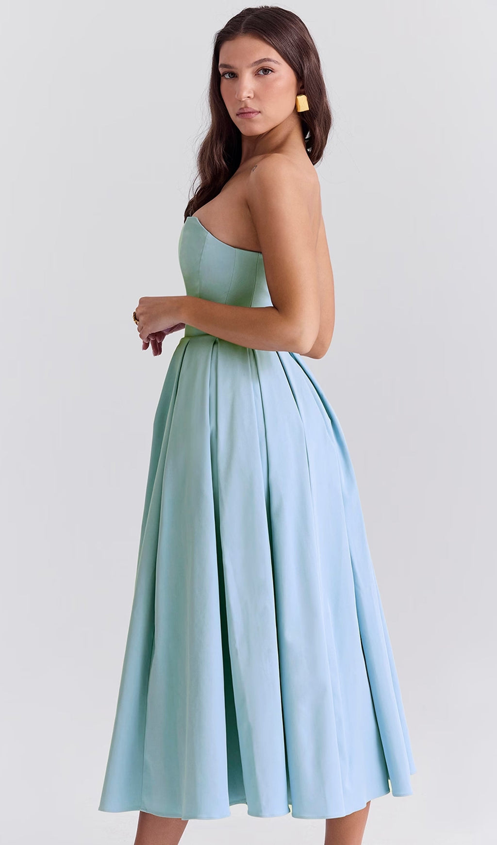 Açık Mavi Askısız Korseli Midi Elbise