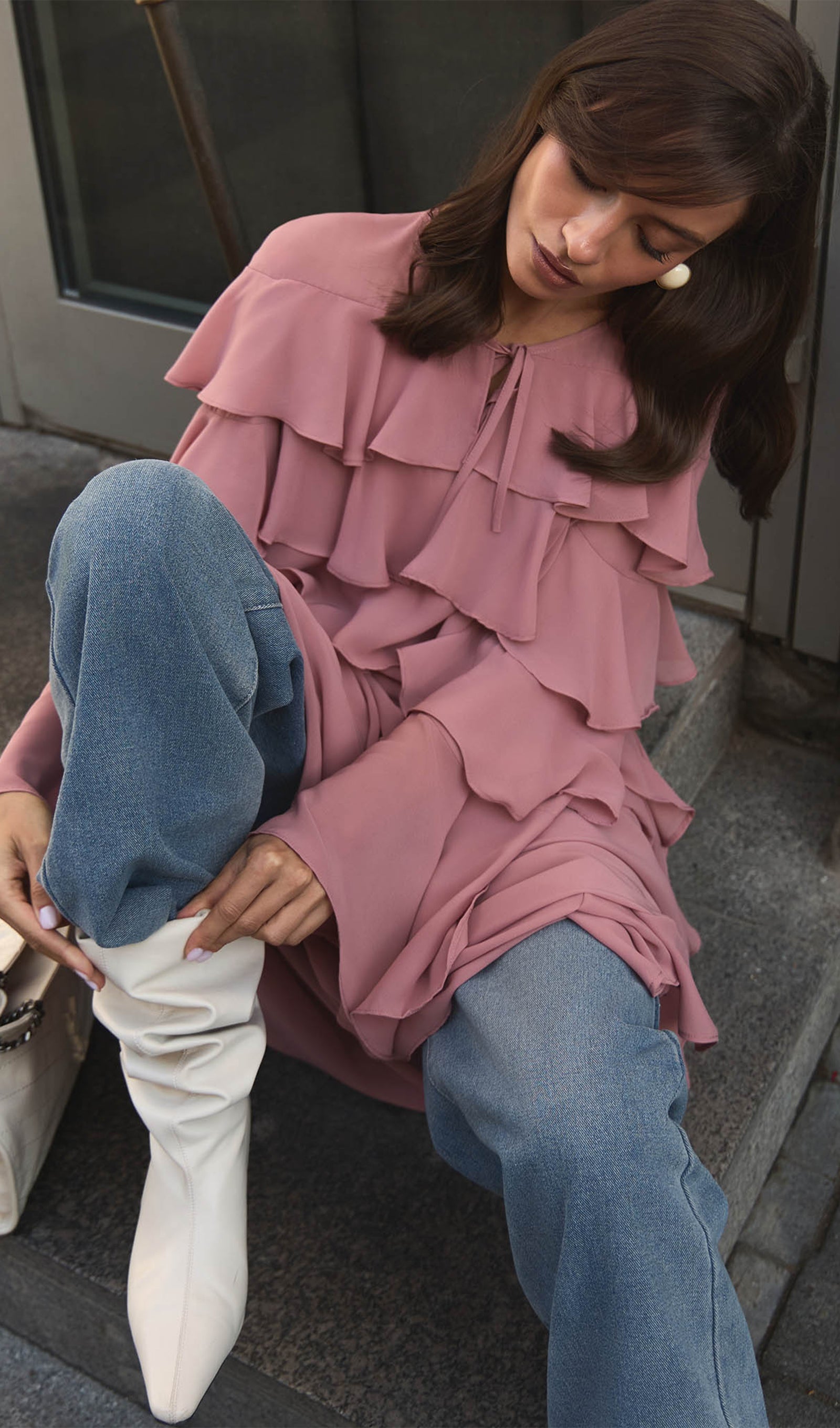 Pembe Volanlı Uzun Elbise