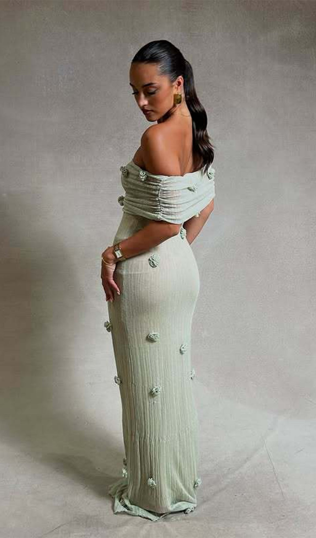 Pastel Yeşil Orkide Örgü Uzun Elbise