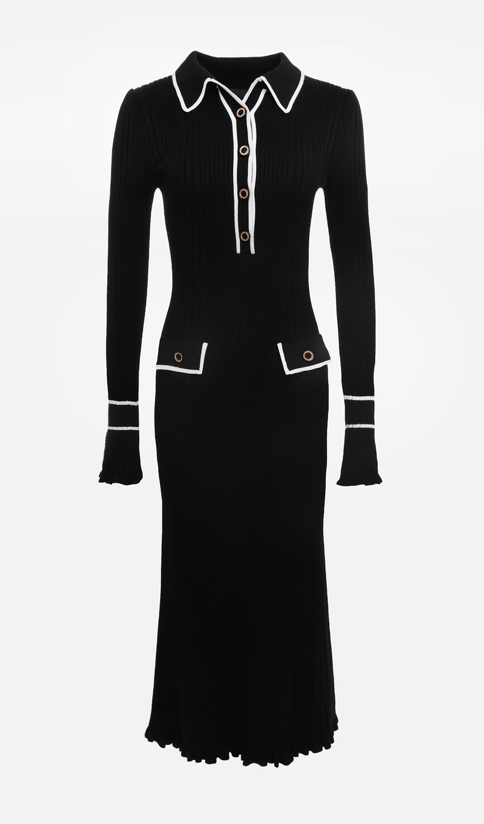 Dar Kesimli Kaburga Örgü Midi Elbise - Siyah