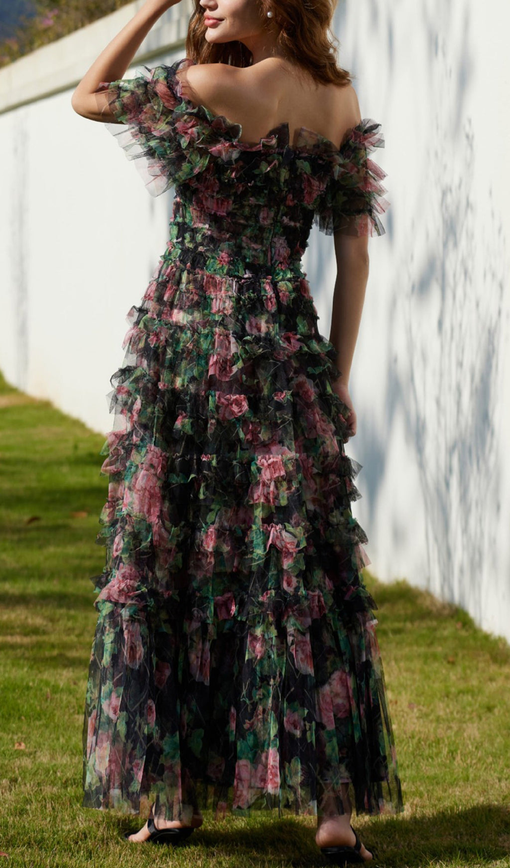 Omuz Açık Çiçekli Volanlı File Uzun Elbise