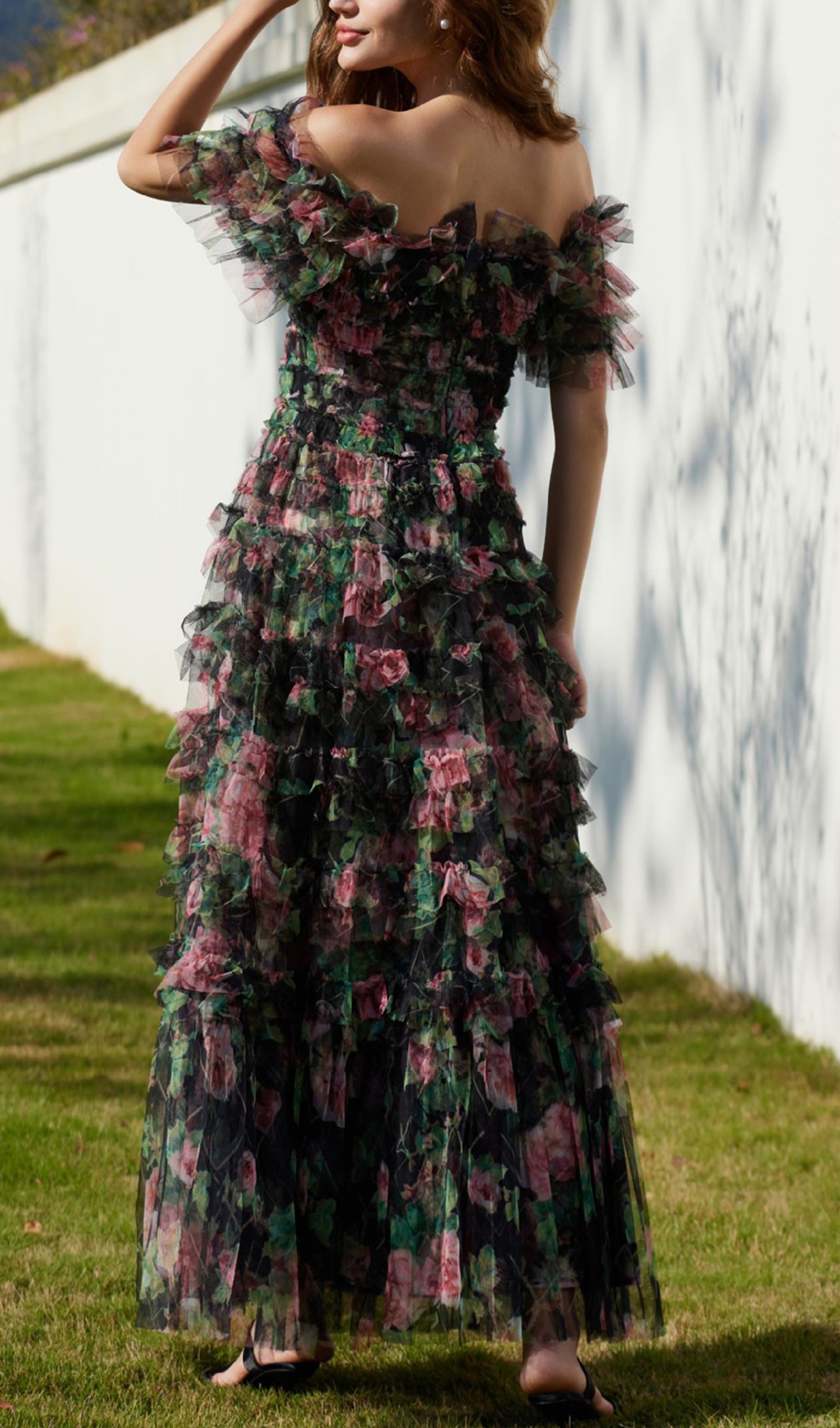 Omuz Açık Çiçekli Volanlı File Uzun Elbise