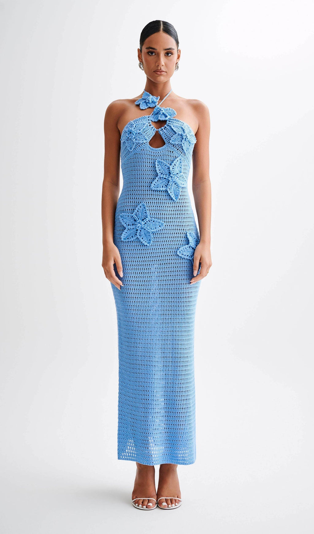 Çiçekli Tığ İşi Uzun Elbise Mavi