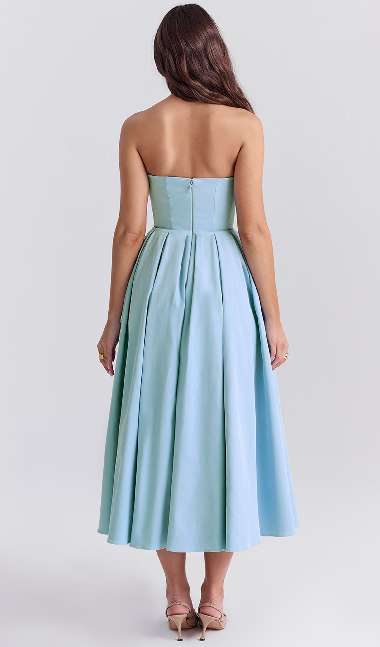 Açık Mavi Askısız Korseli Midi Elbise