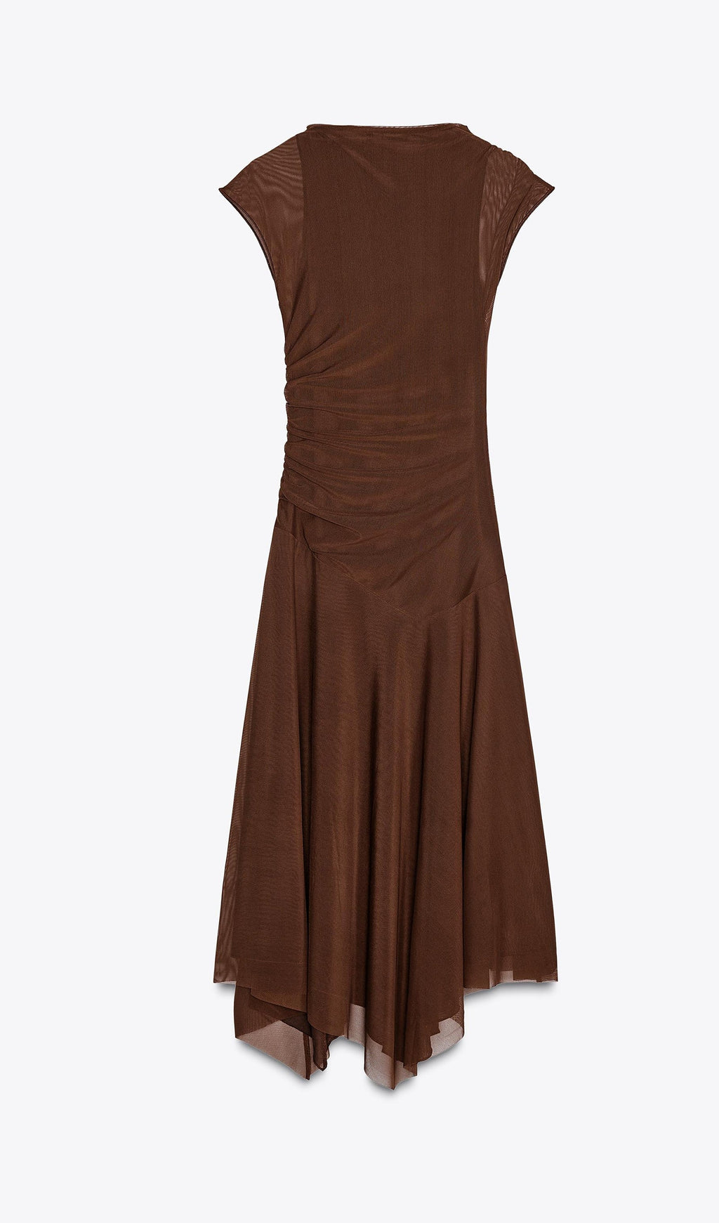 Kahverengi Büzgülü Tül Midi Elbise