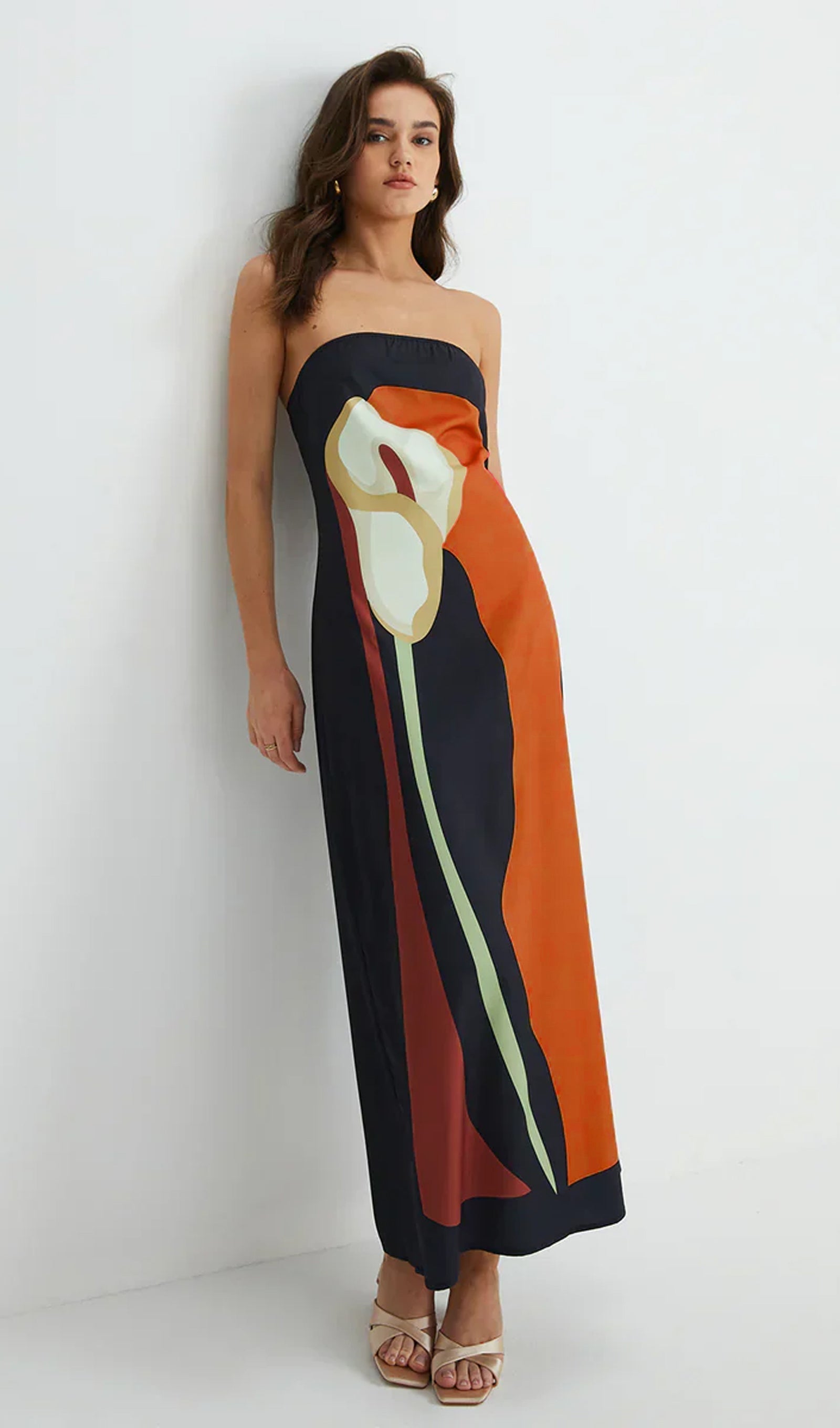 Turuncu Omuz Açık Baskılı Yazlık Midi Elbise