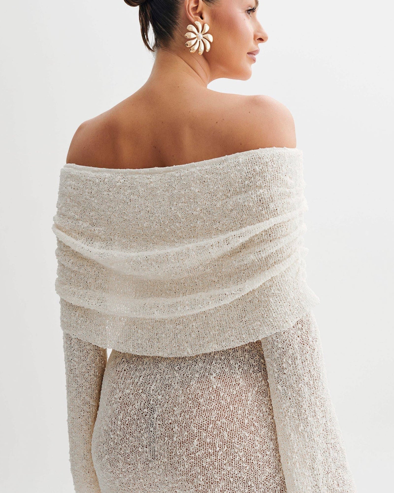 Omuz Açık Fildişi Bukle Örgü Mini Elbise