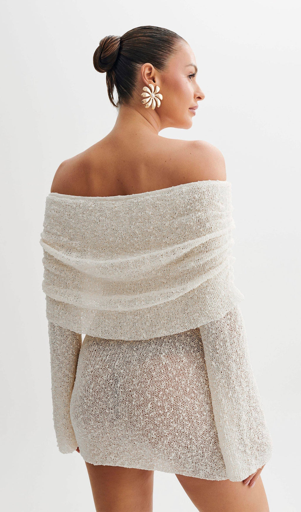Omuz Açık Fildişi Bukle Örgü Mini Elbise