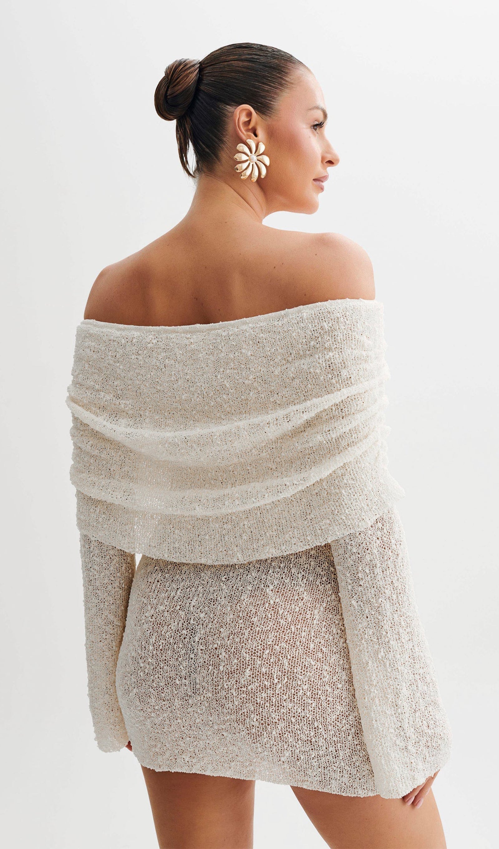 Omuz Açık Fildişi Bukle Örgü Mini Elbise