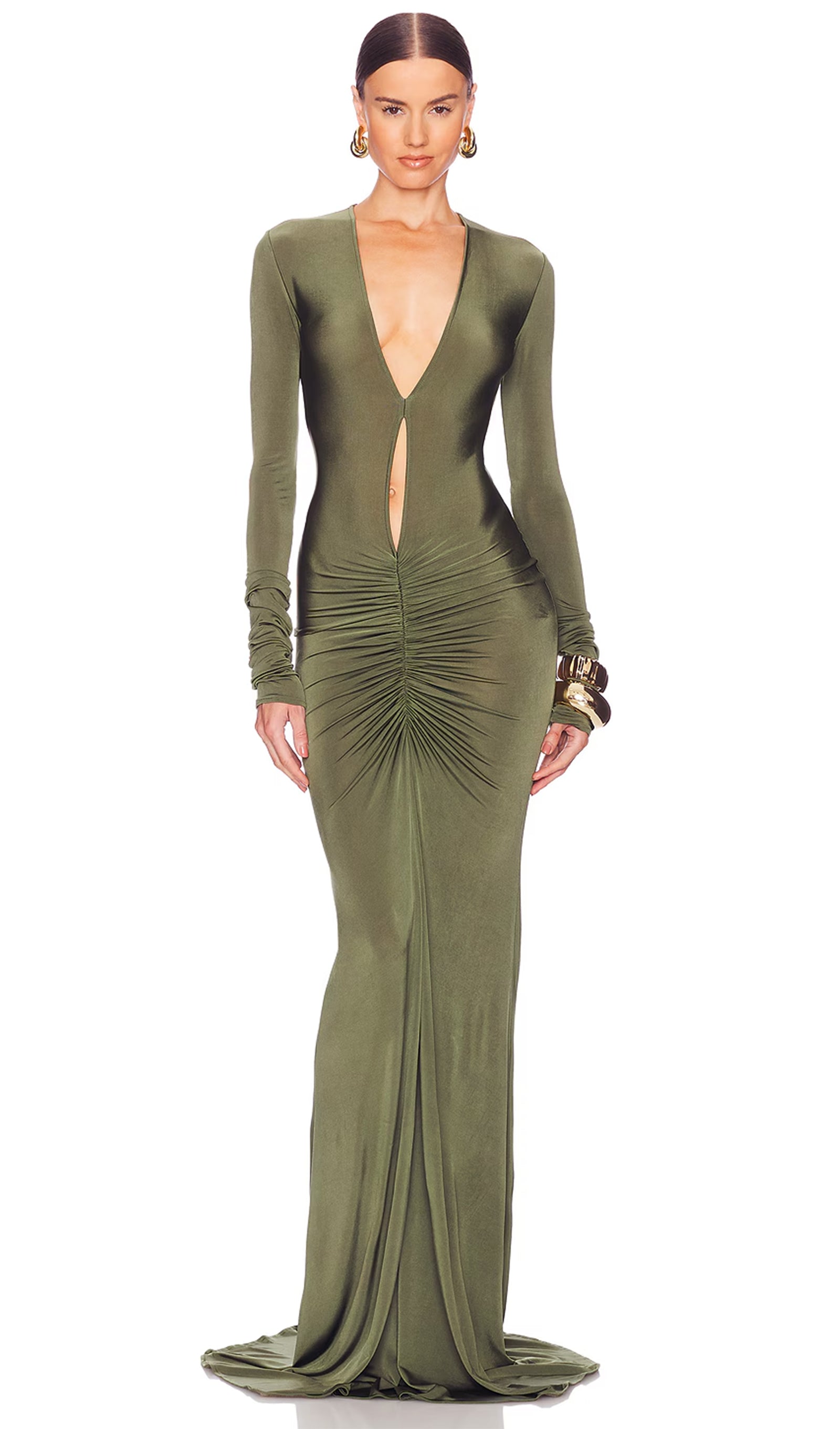 V Yakalı Büzgülü Uzun Elbise