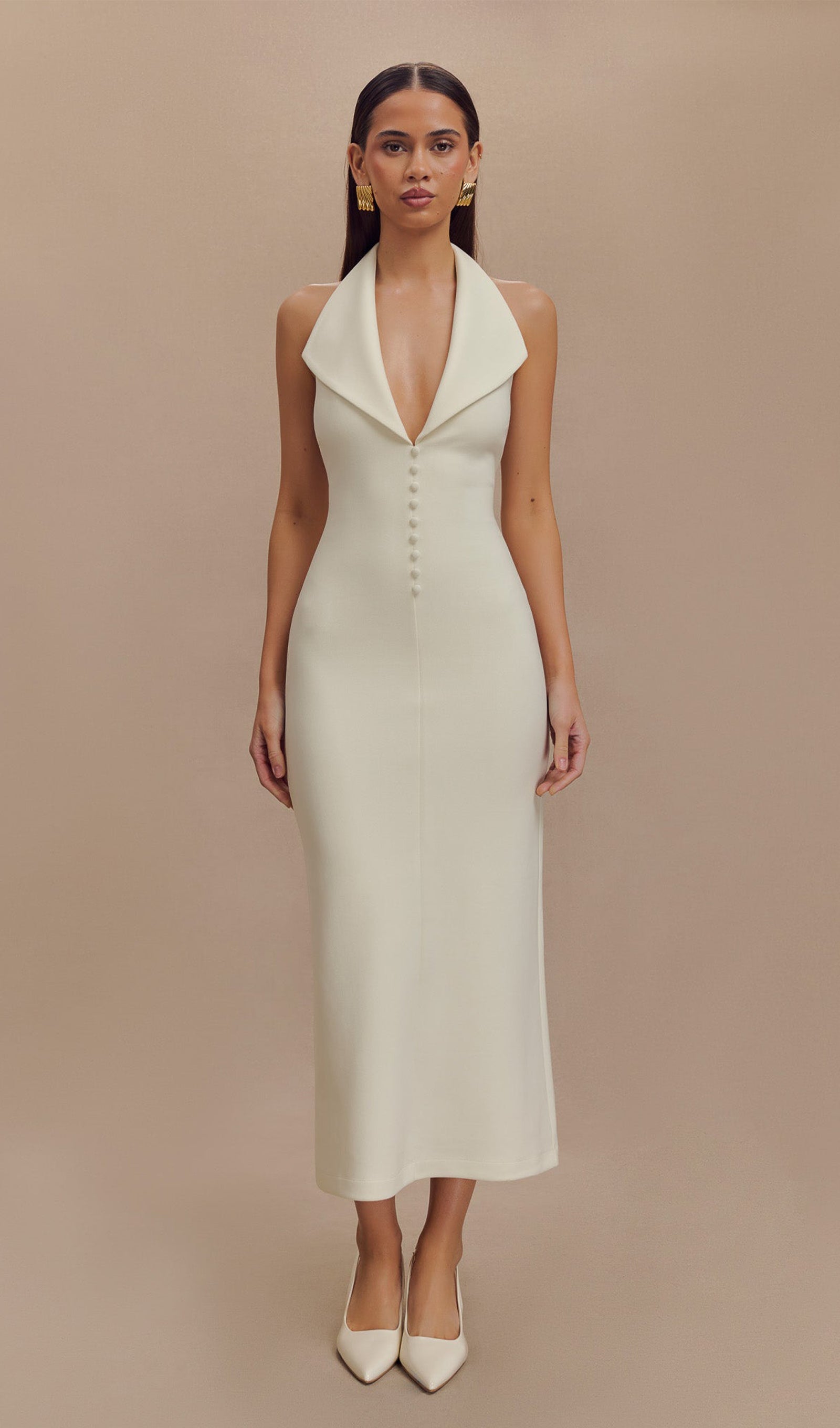 Fildişi Krep Askılı Midi Elbise