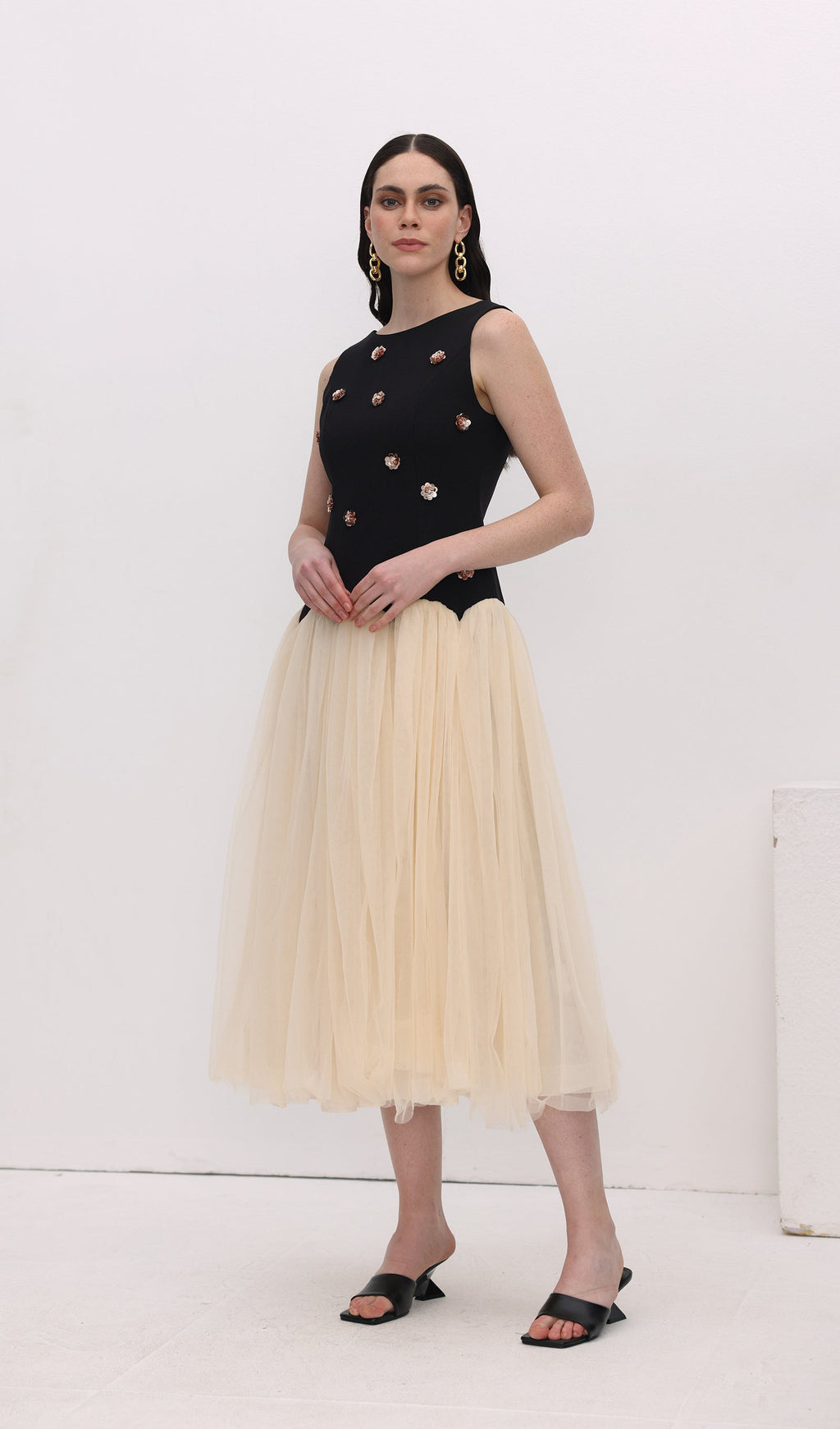 Vintage Kontrast Tül Midi Elbise