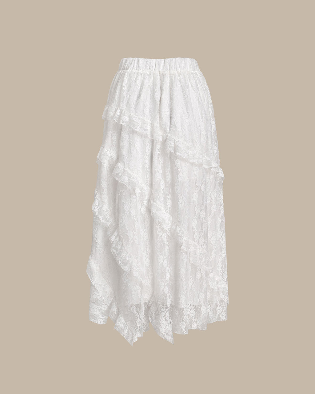 Beyaz Jakarlı Beli Lastikli Midi Etek