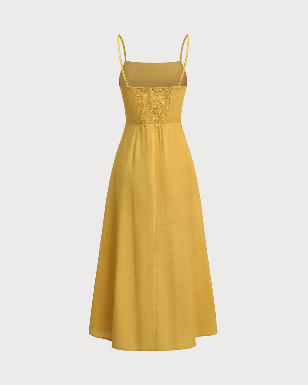 Sarı Kare Yaka Büzgülü Slip Midi Elbise
