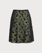 Siyah Çiçekli File Düz Mini Etek