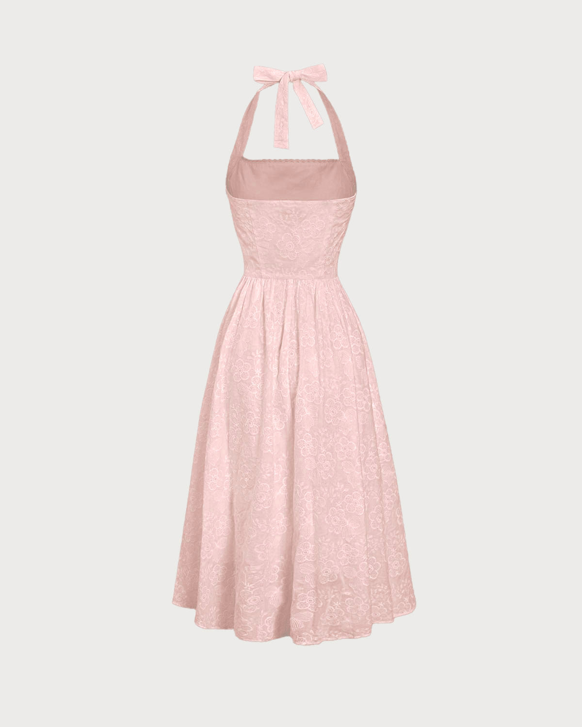 Pembe Nakışlı Boyundan Bağlamalı Midi Elbise