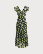 Siyah Çiçekli V Yaka Volanlı Midi Elbise