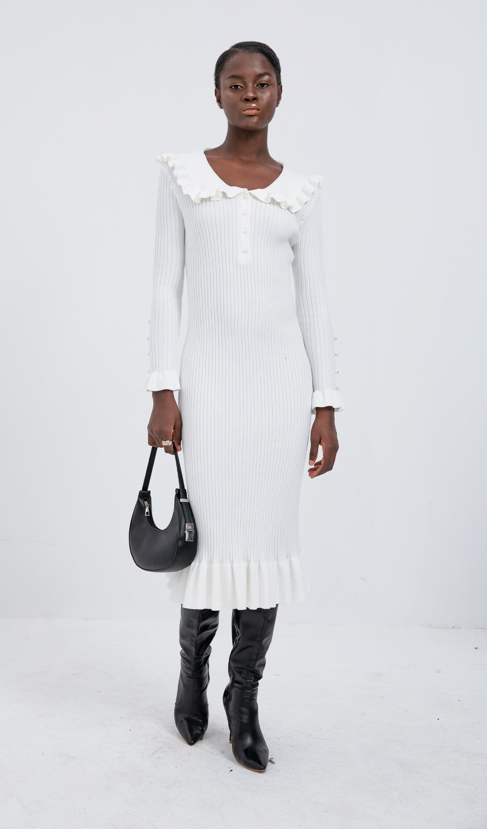 Trendy Örme Volanlı Midi Elbise - Beyaz