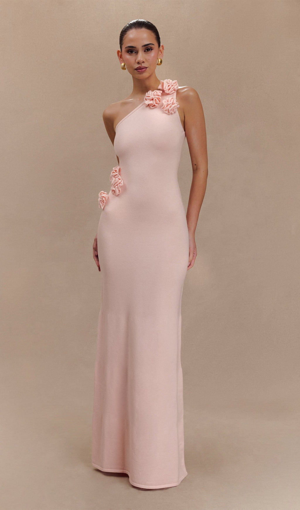 Tek Omuzlu Çiçekli Örme Uzun Elbise