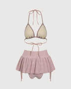 Pembe Fırfırlı Büzgülü Bikini Üçlü Takım