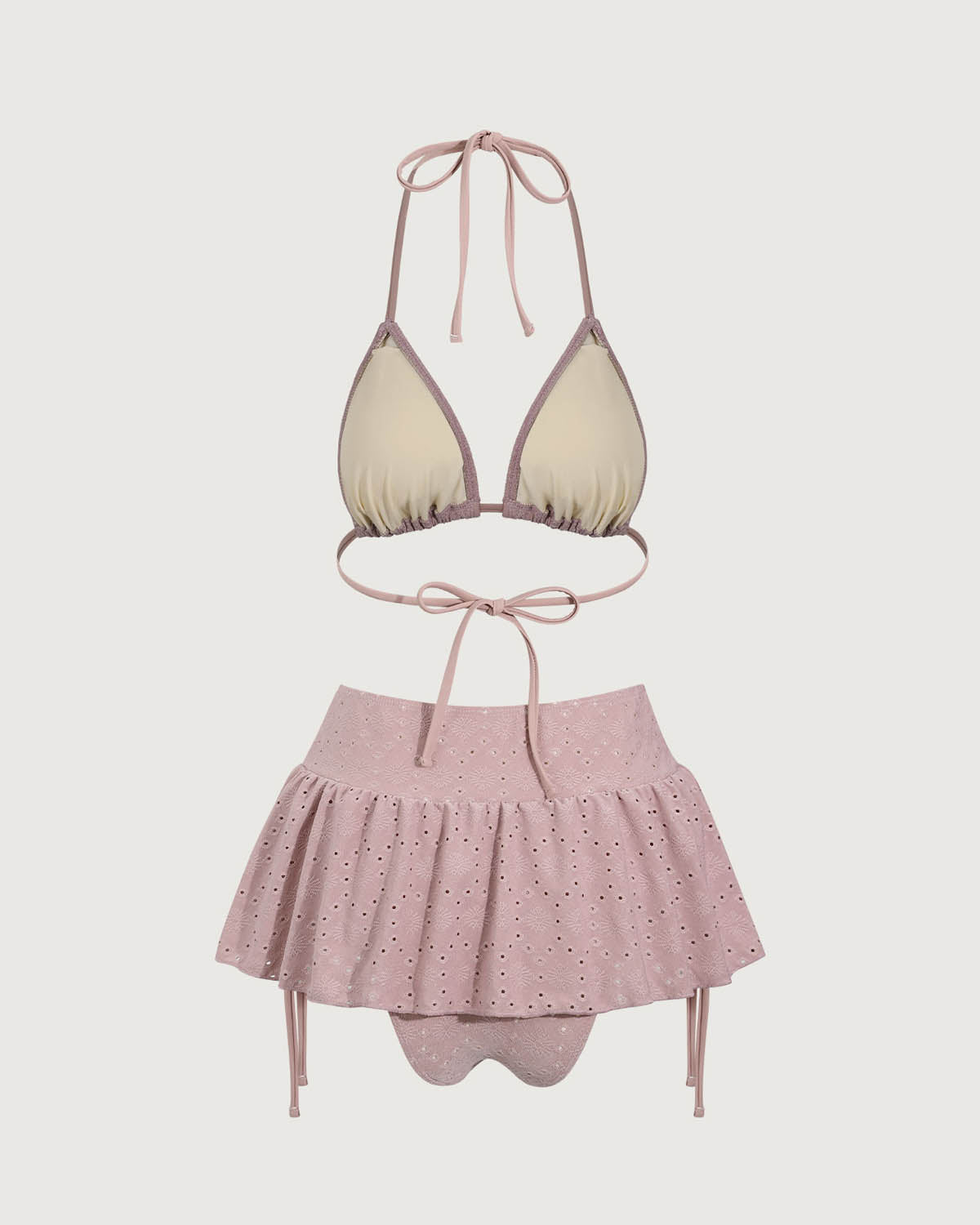 Pembe Fırfırlı Büzgülü Bikini Üçlü Takım