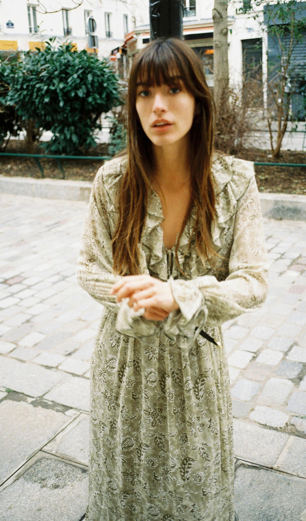 Fırfırlı Baskılı Uzun Elbise