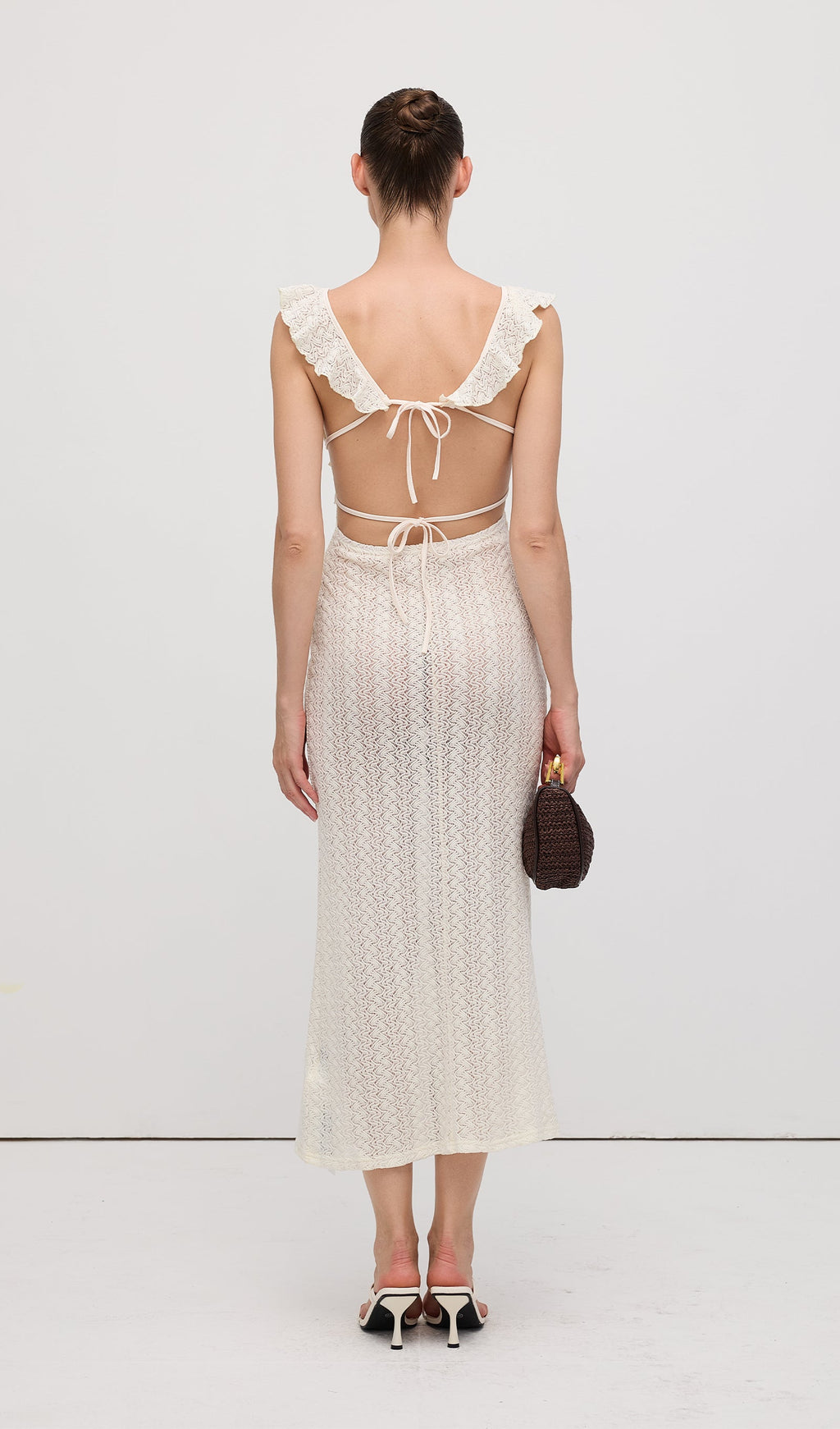 Volanlı Sırtı Açık Örgü Midi Elbise