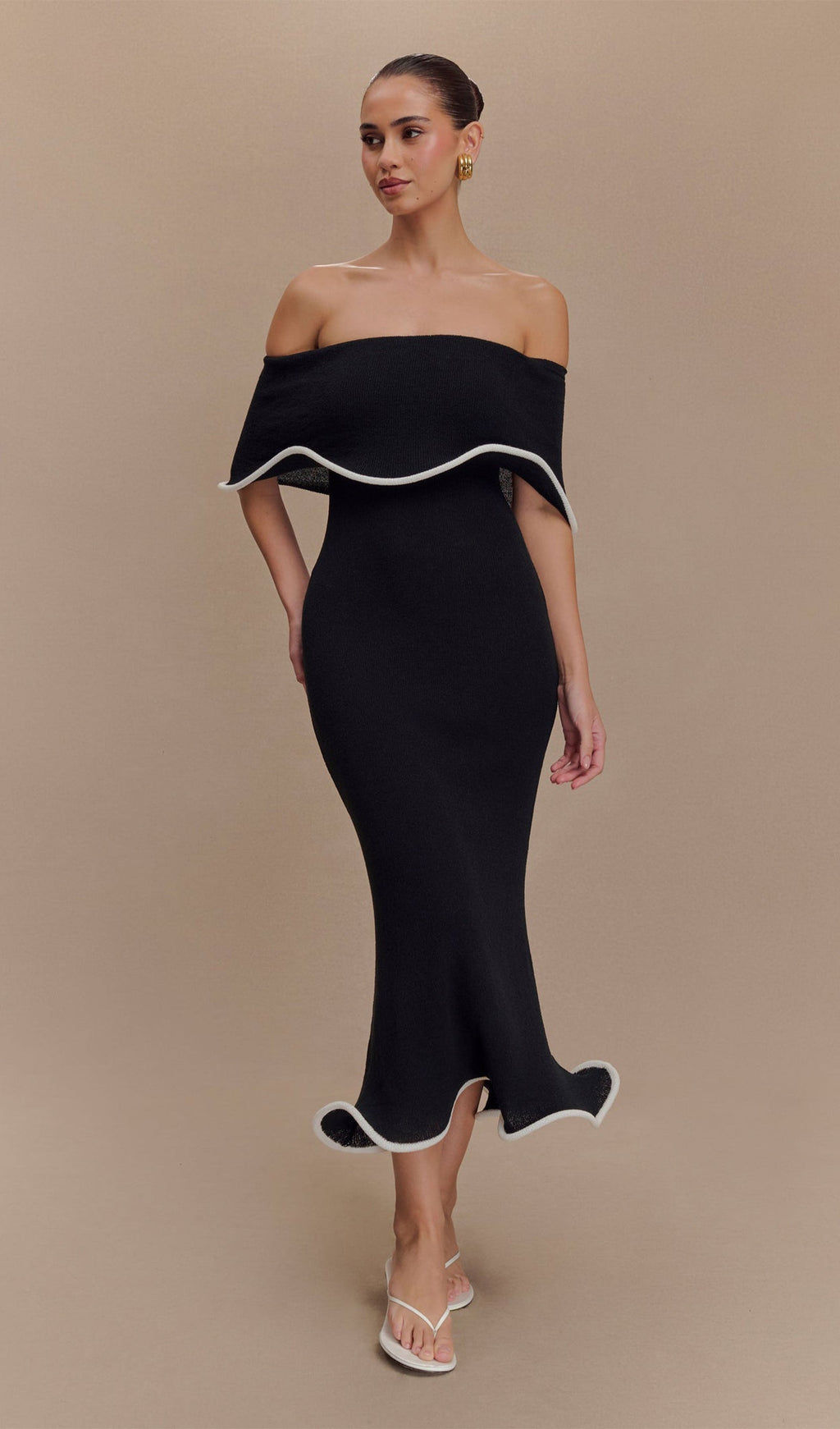 Omuz Açık Örgü Midi Elbise